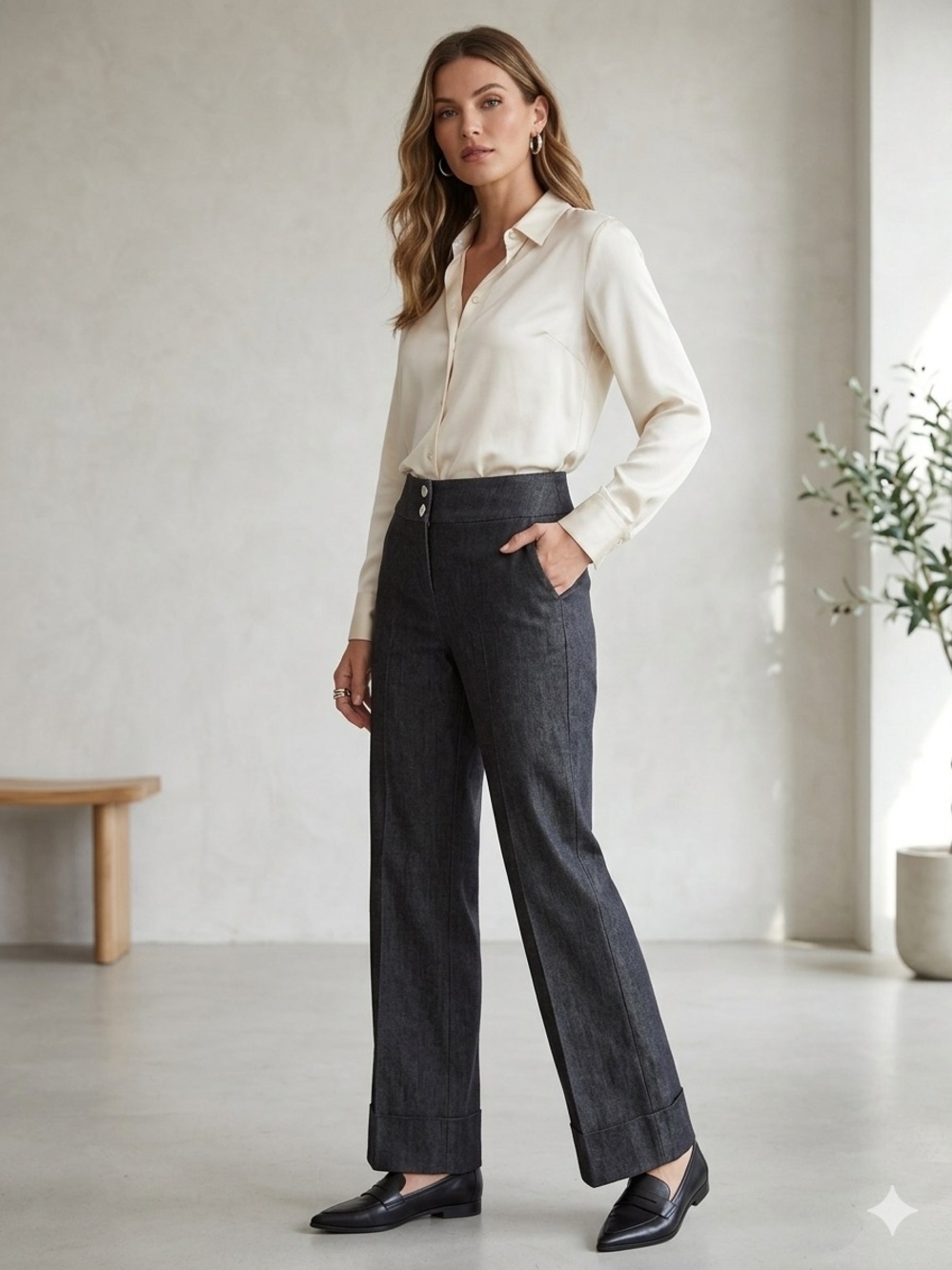 Sandro Sportswear Cuffed Charcoal Gray Wide Leg Trouser Jeans Size 10 Premium